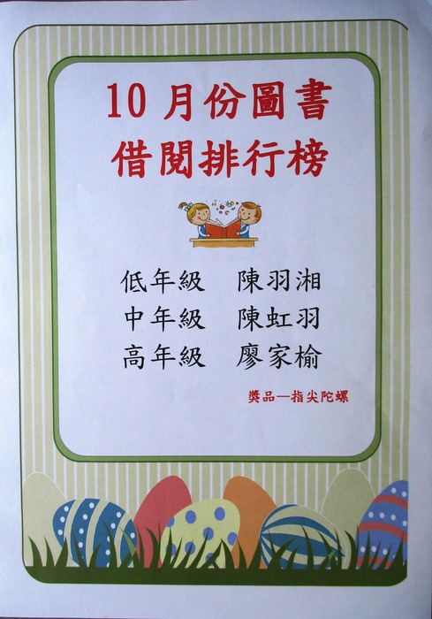 榮獲10月份圖書借閱排行榜之學生名冊